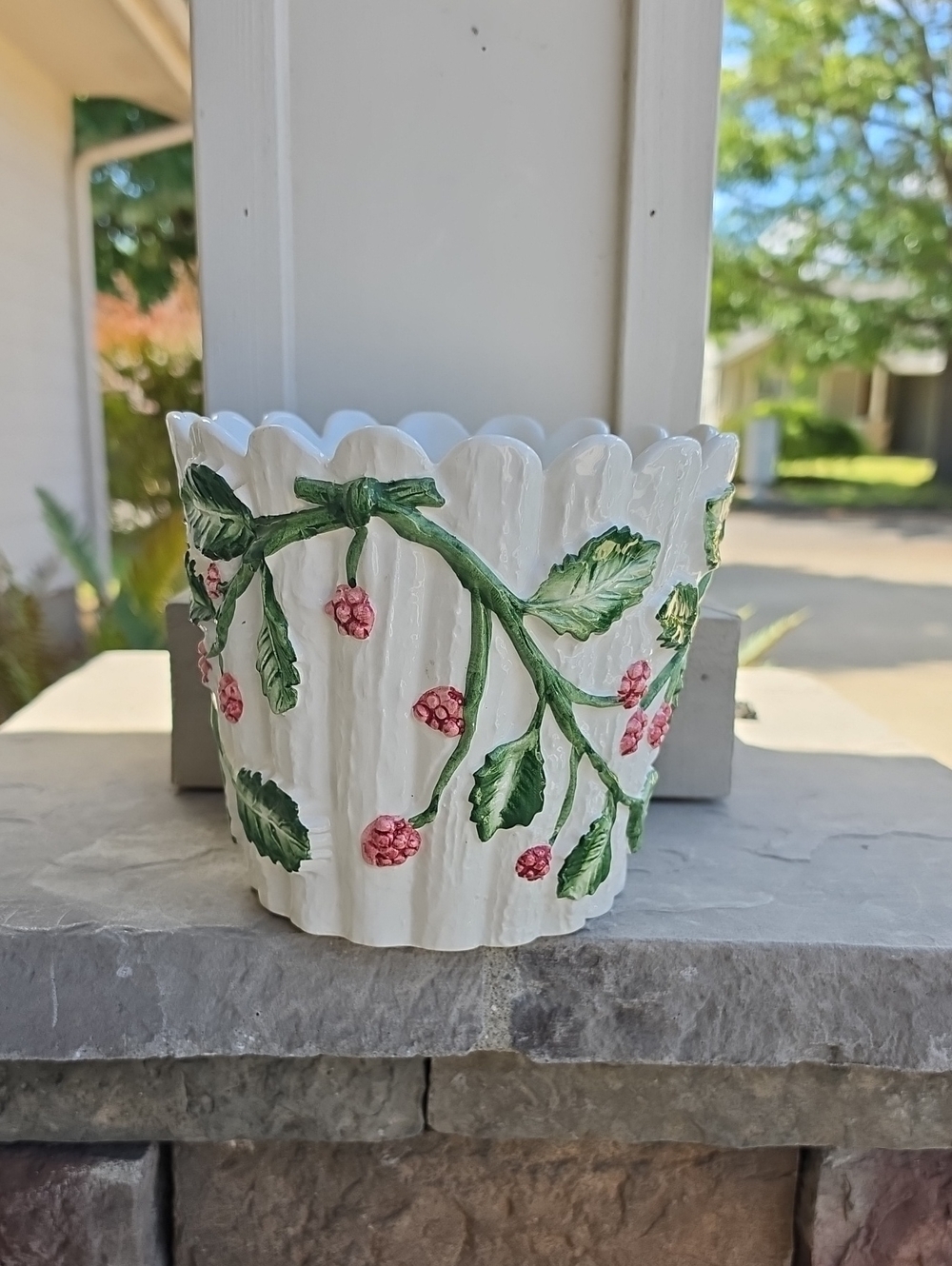 Tiffany & Co. White Ceramic Planter with Green Leaves and Pink Berries